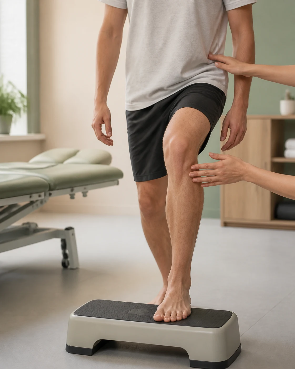 Rehabilitación funcional de rodilla practicando un escalón en una consulta de fisioterapia en El Berrón