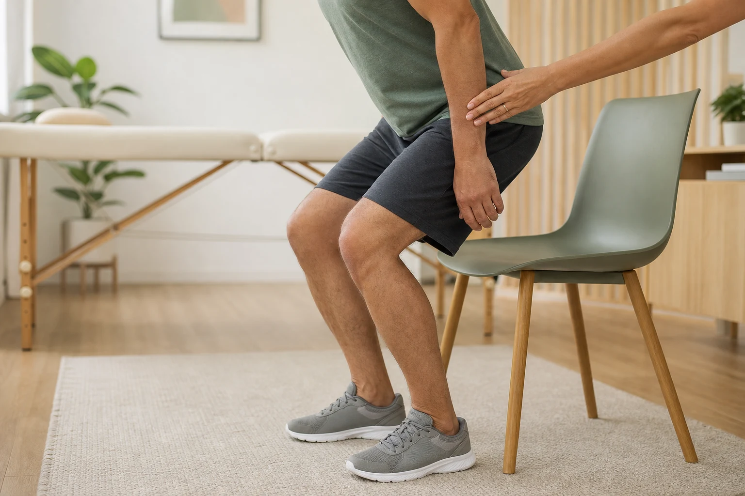 Paciente practicando levantarse de una silla durante su rehabilitación funcional