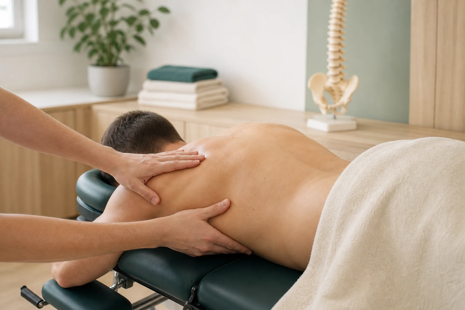Tratamiento manual de la zona dorsal en una consulta de fisioterapia en El Berrón