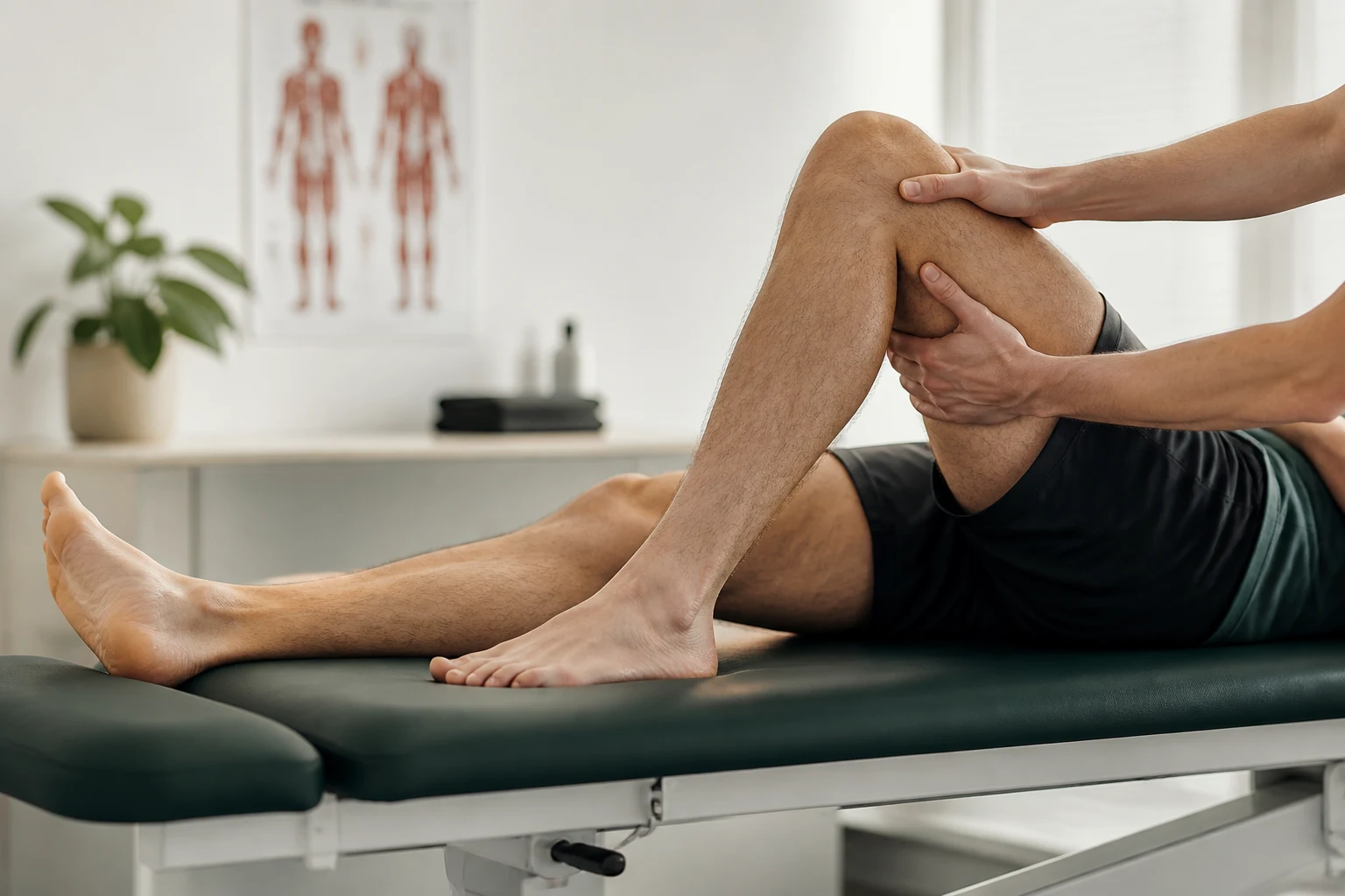 Valoración de la rodilla de un paciente en una consulta de fisioterapia